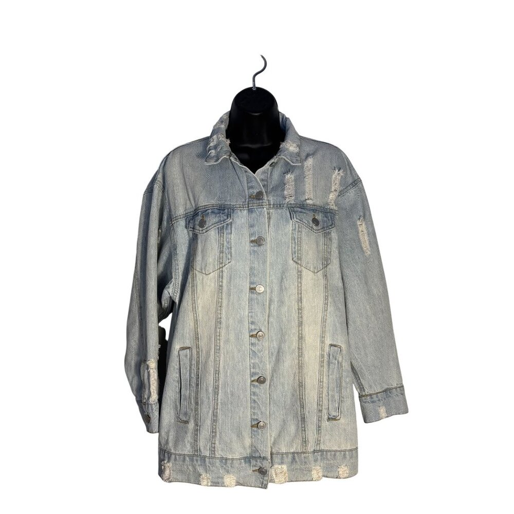 Love Tree Distressed Oversized Light Wash Denim Jacket With Button Front Closure
